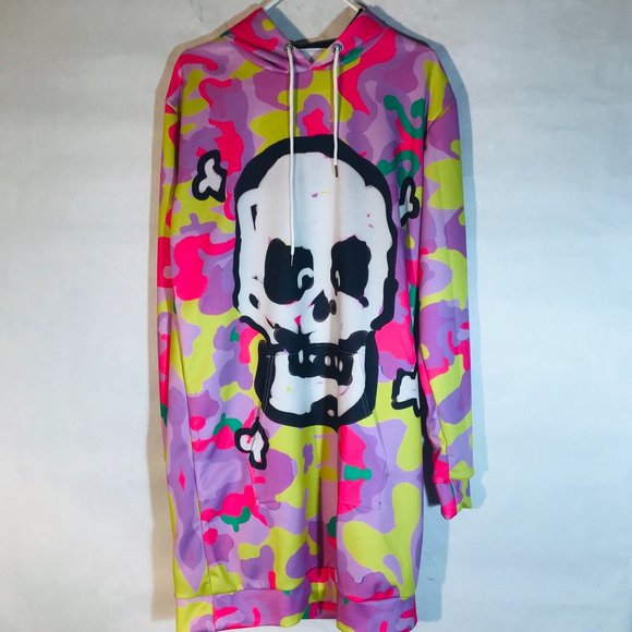 Pink Camouflage Skull Hoodie Long Mini Dress Size Extra Large Sweatshirt Skate - Picture 8 of 13